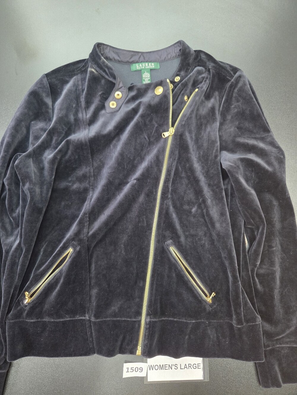 Lauren Ralph Lauren Women’s Large Black Velvet Moto Jacket Gold Hardware #1509